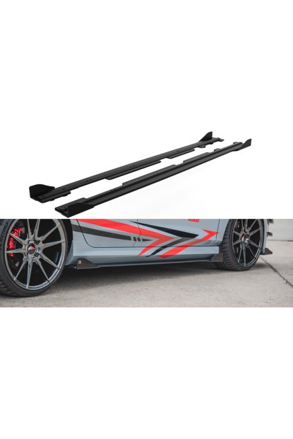 Maxton Design "Racing durability" difuzory pod boční prahy s křidélky pro Ford Fiesta, Fiesta ST Mk8, plast ABS bez povrchové úpravy, s červenou linkou