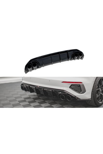 Maxton Design vložka zadního nárazníku s imitacemi koncovek výfuku pro Audi A3 8Y, černý lesklý plast ABS, S-Line, s černými imitacemi koncovek