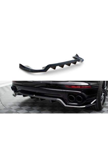 Maxton Design středový spoiler pod zadní nárazník s žebrováním pro Porsche Cayenne Mk2 Facelift, černý lesklý plast ABS