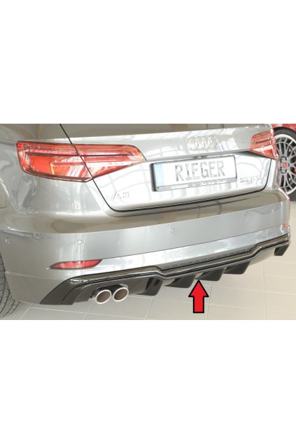Rieger vložka zadního nárazníku pro Audi A3 8V 3-dvéř. (hatchback 8V1), 5-dvéř. (sportback 8VA) po faceliftu, plast ABS lakovaný do černé lesklé barvy, pro dvojitou koncovku vlevo