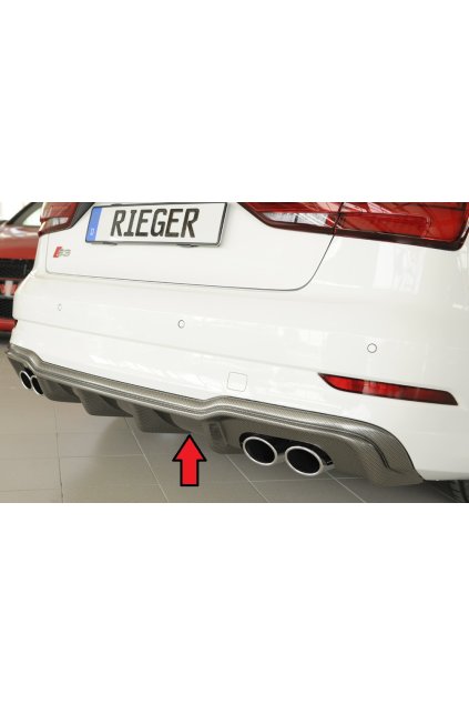 Rieger vložka zadního nárazníku pro Audi A3 S3 8V 3-dvéř. (convertible 8V7), 5-dvéř. (sedan 8VS) po faceliftu, plast ABS s povrchovou úpravou Carbon-Look, pro orig. dvojité koncovky na obou stranách 4x90x72 mm