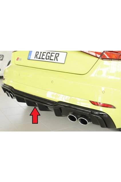 Rieger vložka zadního nárazníku pro Audi A3 S3 8V 3-dvéř. (hatchback 8V1), 5-dvéř. (sportback 8VA) po faceliftu, plast ABS lakovaný do černé lesklé barvy, pro orig. dvojité koncovky na obou stranách 4x90x72 mm