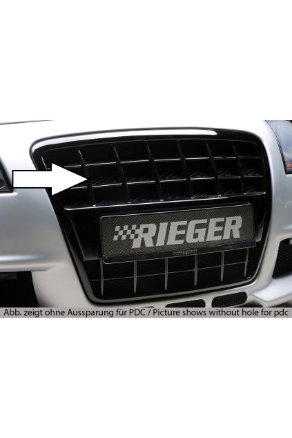 Rieger maska chladiče s integrovaným držákem SPZ pro Audi A4 8H kabriolet před faceliftem, plast ABS lakovaný do černé lesklé barvy, pro vozy s parkovacím asistentem (PDC)