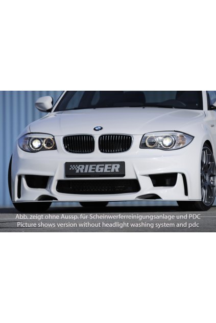 Rieger přední nárazník pro BMW řada 1 E81, E82, E88, E87 2-dvéř., 4-dvéř., kabriolet, kupé, sedan, plast ABS bez povrchové úpravy, pro vozy s ostřikovači předních světlometů, parkovacím asistentem (PDC) a vysokou nádobou na ostřikovače