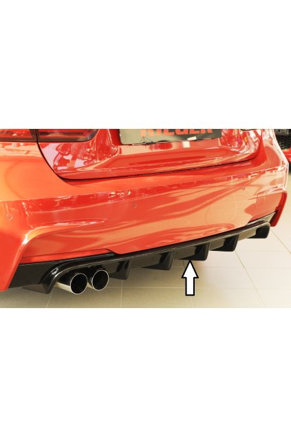 Rieger vložka zadního nárazníku pro BMW řada 3 F30, F31 sedan, touring vč. faceliftu, plast ABS lakovaný do černé lesklé barvy, pro orig. dvojitou koncovku vlevo