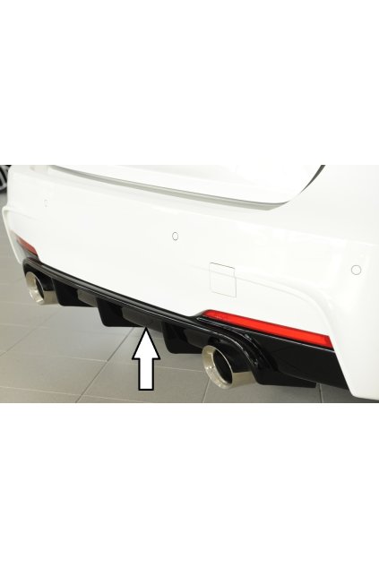 Rieger vložka zadního nárazníku pro BMW řada 3 F30, F31 sedan, touring vč. faceliftu, plast ABS lakovaný do černé lesklé barvy, pro orig. koncovky na obou stranách (335i/340i look)