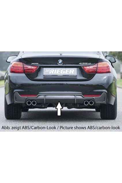 Rieger vložka zadního nárazníku pro BMW řada 4 F32, F33, F36 coupe (3-dvéř.), gran coupe (5-dvéř.), kabriolet vč. faceliftu, plast ABS lakovaný do černé lesklé barvy, pro dvojité koncovky na obou stranách 4x76 mm