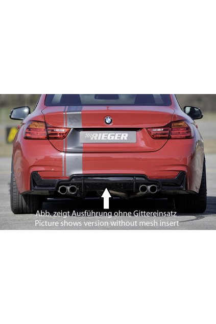 Rieger vložka zadního nárazníku pro BMW řada 4 F32, F33, F36 coupe (3-dvéř.), gran coupe (5-dvéř.), kabriolet vč. faceliftu, plast ABS lakovaný do černé lesklé barvy, pro dvojité koncovky na obou stranách 4x80 mm (435i/440i look) vč. mřížky