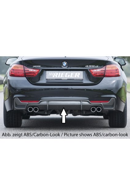 Rieger vložka zadního nárazníku pro BMW řada 4 F32, F33, F36 coupe (3-dvéř.), gran coupe (5-dvéř.), kabriolet vč. faceliftu, plast ABS lakovaný do černé lesklé barvy, pro dvojité koncovky na obou stranách 4x76 mm vč. mřížky