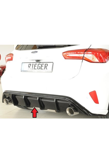 Rieger vložka zadního nárazníku pro Ford Focus 4 DEH, ST 5-dvéř. (hatchback), plast ABS lakovaný do černé lesklé barvy, pro sportovní koncovky na obou stranách 100 mm