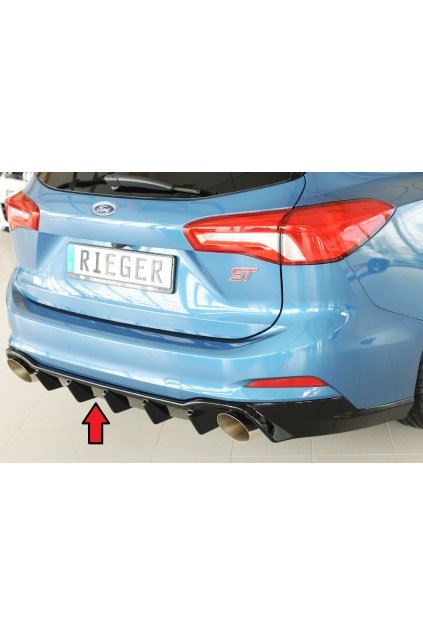 Rieger vložka zadního nárazníku pro Ford Focus 4 DEH 5-dvéř. (combi), plast ABS lakovaný do černé lesklé barvy, pro sportovní koncovky vlevo/vpravo 115 mm