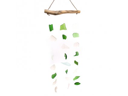Zvonkohra z recyklovaného skla + dřevo zelená a bílá 1ks