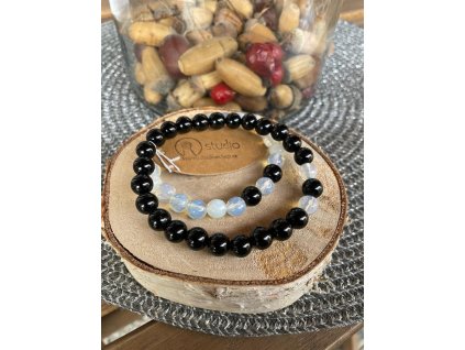 Párové náramky Obsidián černý + Měsíční Kámen (Opalit)