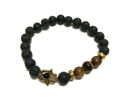 Náramek z lávového kamene Tygří oko + Hamsa