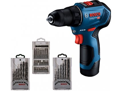 BOSCH GSR 12V-30 (2x2Ah) aku vrtačka + sada vrtáků a bitů (39 ks)