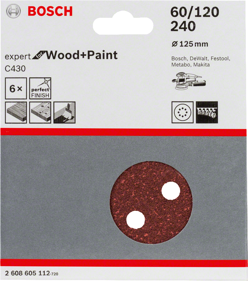 Levně BOSCH C430 (P60, 120, 240) sada brusných papírů 125mm Expert For Wood+Paint, 6 ks