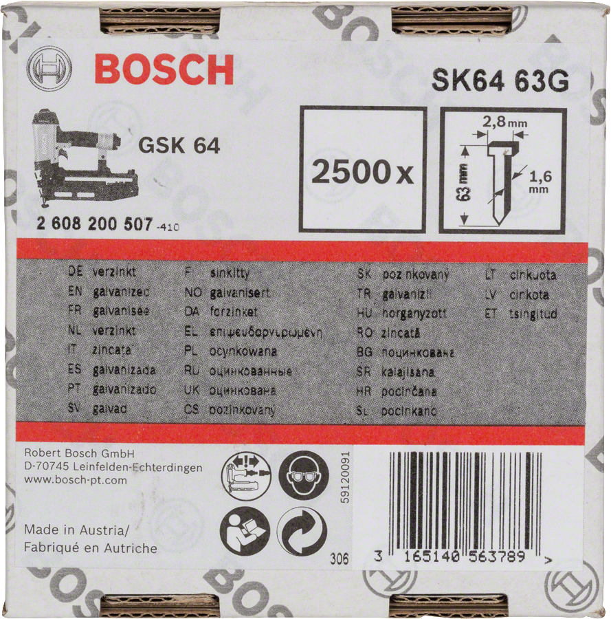 Levně BOSCH SK64 63G 63mm hřeby pro GSK64 | 2500 ks