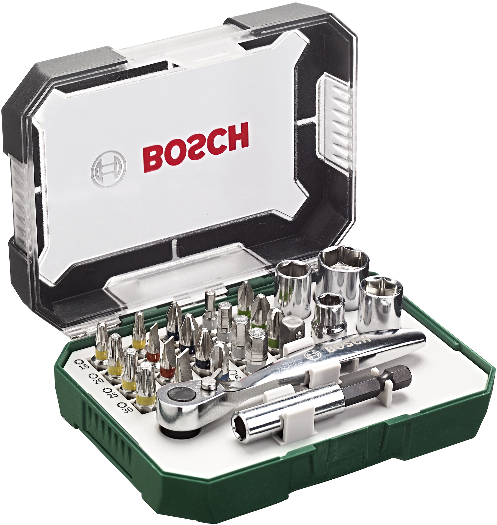 Levně BOSCH 26dílná šroubovací sada bitů s barevným značením a ráčnou + hlavice, magnetický držák