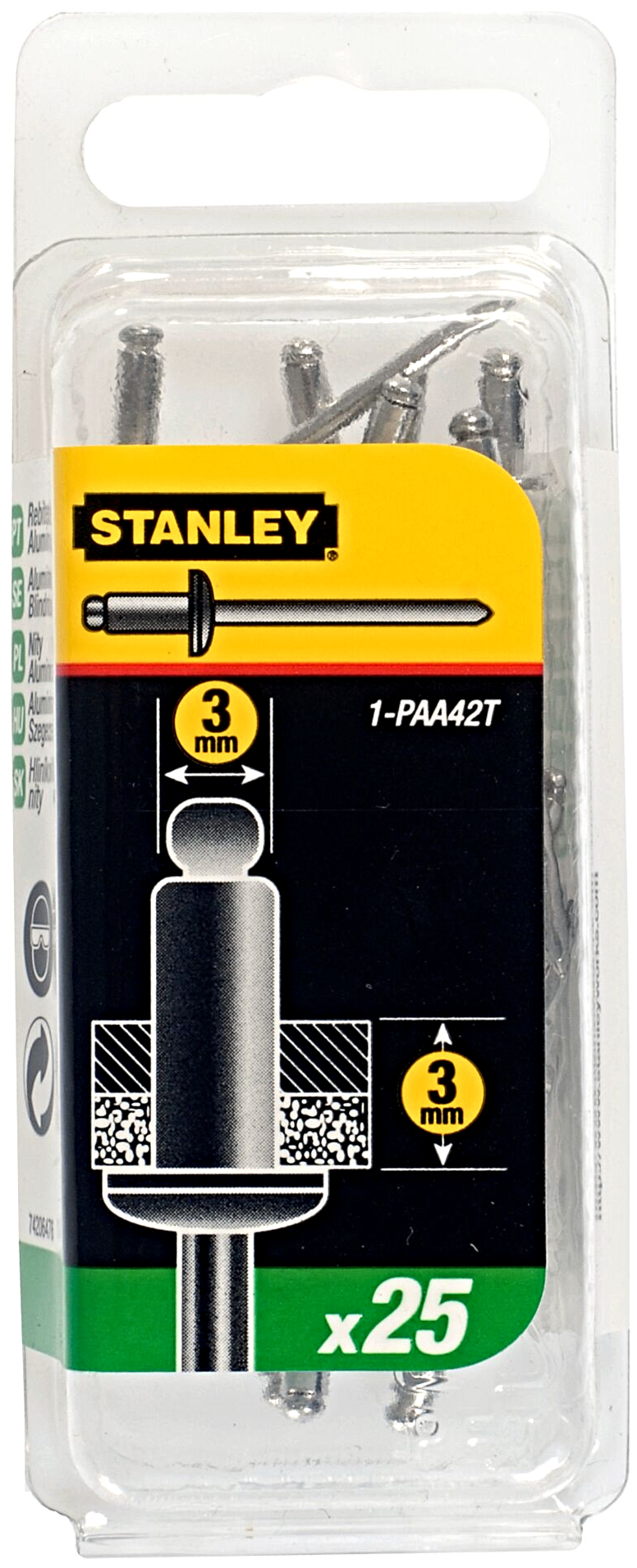 STANLEY 1-PAA42T 3mm hliníkové nýty s ocelovým hřebíkem, délka 3 mm - 25 ks