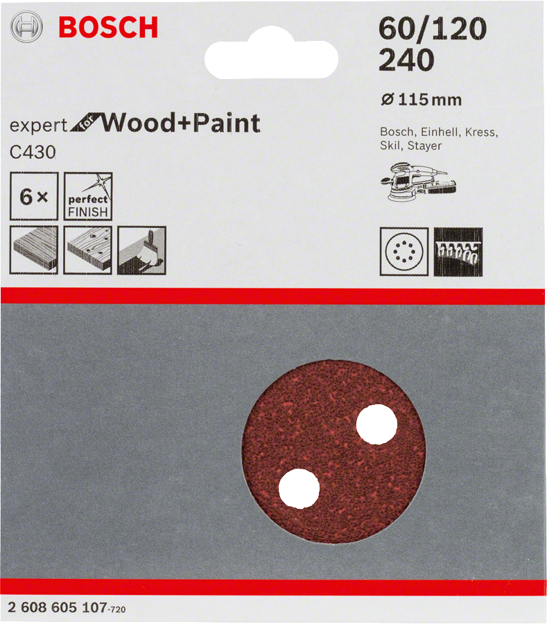 BOSCH C430 sada 115mm brusných papírů Expert for Wood+Paint (P60, P120, P240), 6 ks