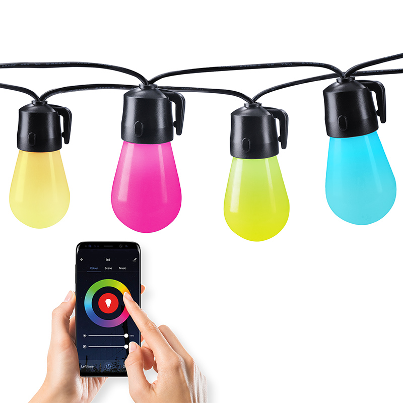 Levně SOLIGHT WO795 LED smart venkovní řetěz s RGB žárovkami, bluetooth, 15 žárovek, 14m+6m, 10W