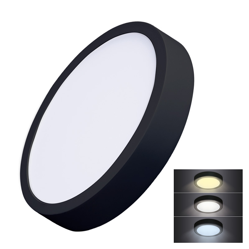 SOLIGHT WD174-B LED mini panel CCT, přisazený, 24W, 1800lm, 3000K, 4000K, 6000K, kulatý, černá barva