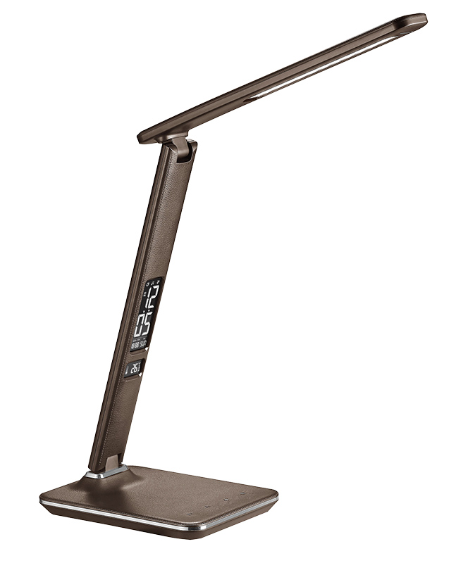 SOLIGHT WO45-H LED stolní lampička s displayem, 9W, volba teploty světla, kůže, hnědá
