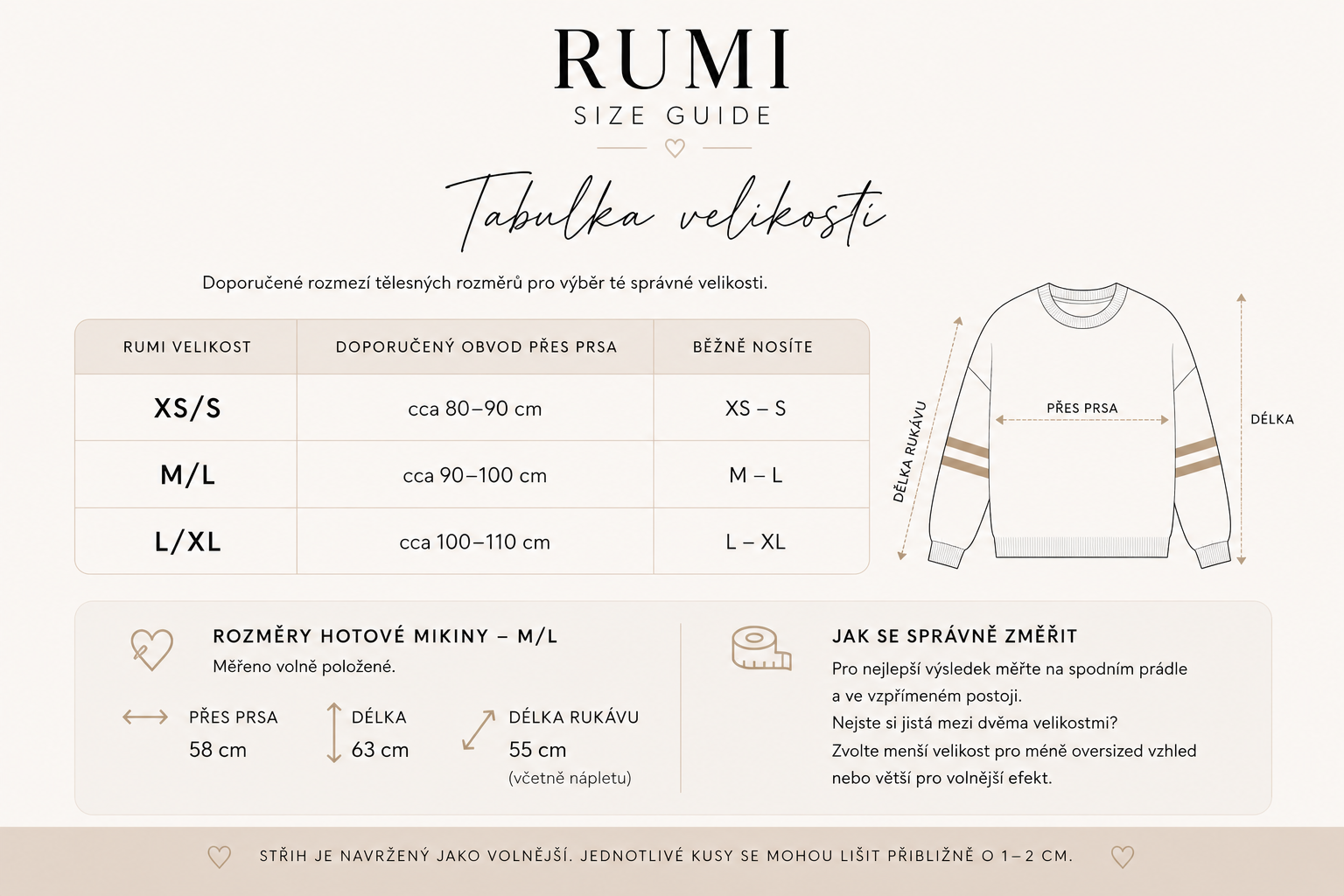 Tabulka velikostí - RUMI mikiny