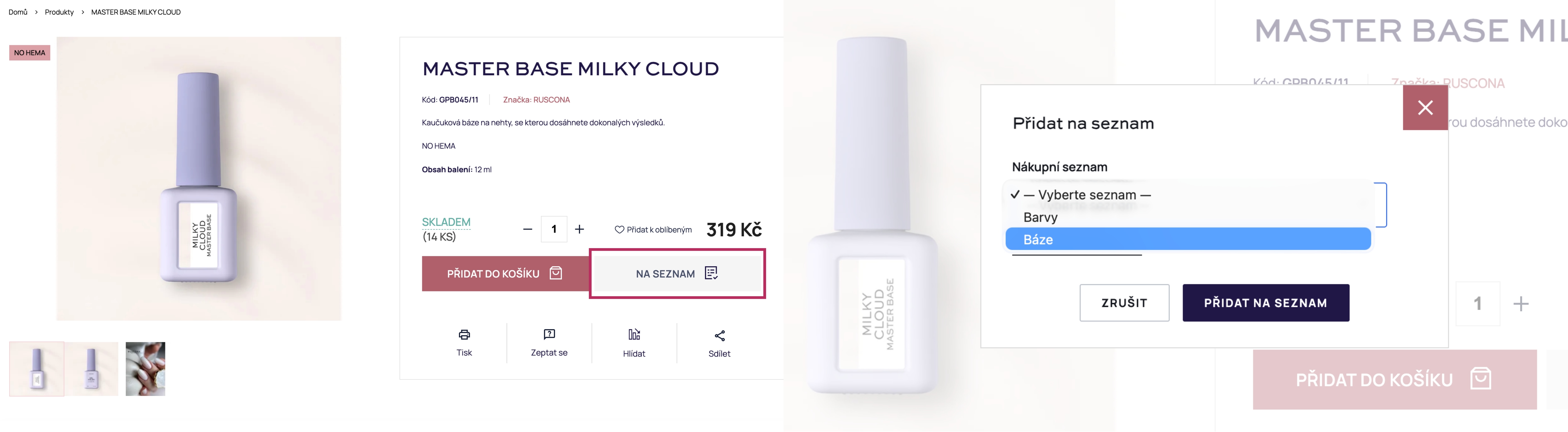 ukázka, jak si přidat produkt na nákupní seznam