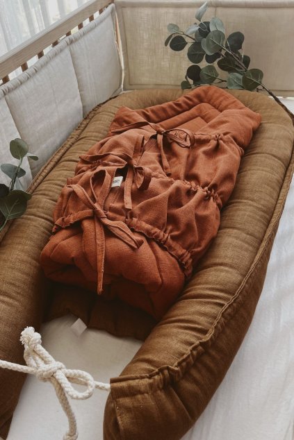 Bundle Deal | 3-Bow Linen Swaddle RUST + Baby Nest CARAMEL