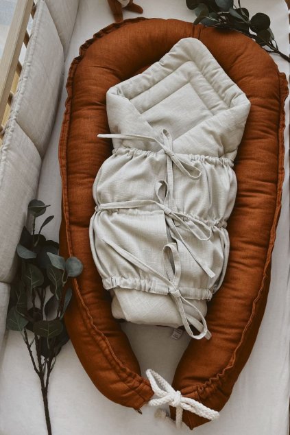 Bundle Deal | 3-Bow Linen Swaddle NATURAL + Baby Nest RUST