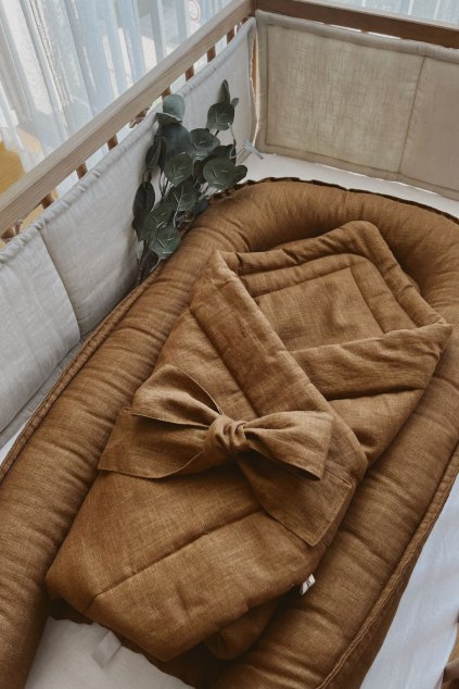 Bundle Deal | 1-Bow Linen Swaddle CARAMEL + Baby Nest CARAMEL