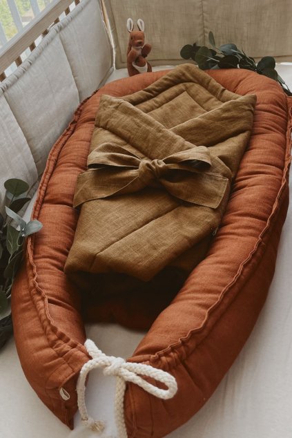 Bundle Deal | 1-Bow Linen Swaddle CARAMEL + Baby Nest RUST