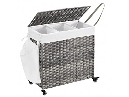 Koš na prádlo, 66 x 33 x 66 cm, 3 oddíly, 140 l, šedý