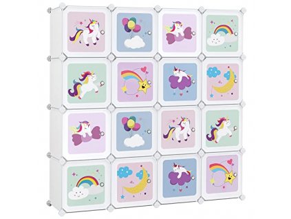 Dětský úložný organizér, 16 boxů, 123 x 31 x 123 cm, bílý, motiv jednorožci