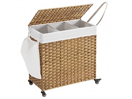 Koš na prádlo, 66 x 33 x 66 cm, 3 oddíly, 140 l, přírodní