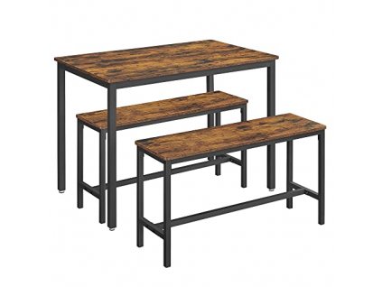 Jídelní set, stůl a 2 lavice, pro 4 osoby, rustikálně hnědý a černý