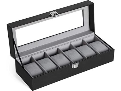 Krabička na hodinky, 6 přihrádek, 30 x 11,2 x 8 cm, černá a šedá