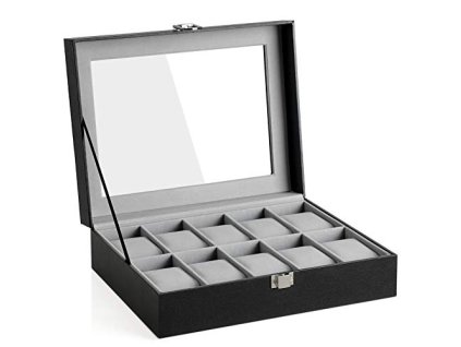 Krabička na hodinky, 10 přihrádek, 25,5 x 20,2 x 7,8 cm, černá a šedá
