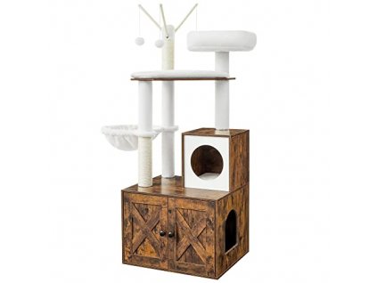 Kočičí škrabadlo s boxem na stelivo, 140 cm, hnědé a bílé