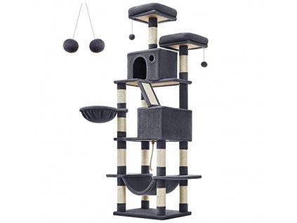 Kočičí škrabadlo se 2 jeskyněmi, 206 cm, kouřově šedé