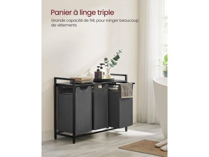 Tříkomorový koš na prádlo s policí, 92,5 x 33 x 72 cm, 3 x 38 l, černý a šedý
