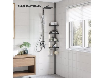 Rohová polička do koupelny, 4 poličky, 35 x 25 x 85-305 cm, černá