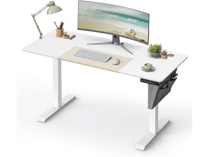 Výškově nastavitelný psací stůl s látkovou kapsou, 140 x 60 x 72-120 cm, bílý a béžový