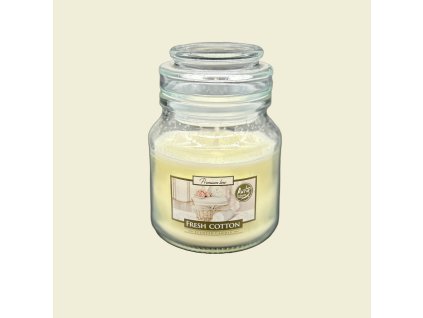 Vonná svíčka Aura Fresh Cotton v elegantním skleněném obalu, přinášející svěží vůni bavlny a pohodovou atmosféru do vašeho domova