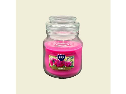 Vonná svíčka Aura Peony v elegantním skleněném obalu, s romantickou a jemnou vůní pivoněk pro příjemnou atmosféru.