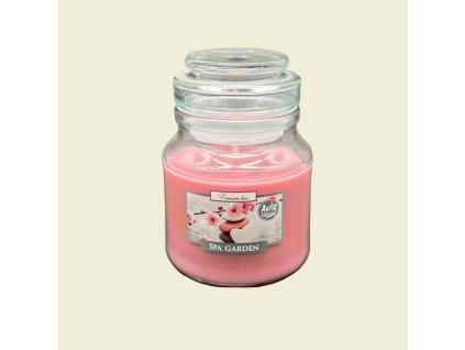 Vonná svíčka Aura Spa Garden v elegantním skleněném obalu, s jemnou vůní zahrady pro harmonii a klid vašeho domova.