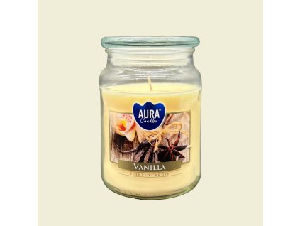 Vonná svíčka Aura Vanilla v elegantním skleněném obalu, s hřejivou a jemnou vůní vanilky pro útulnou atmosféru.