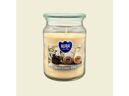 Vonná svíčka Aura Self-Care Spa v elegantním skleněném obalu, navržená pro relaxaci a péči o sebe s jemnou wellness vůní.