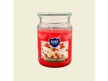 Vonná svíčka Aura Raspberry Cloud v elegantním skleněném obalu, se sladkou a jemnou vůní malinového obláčku pro útulnou atmosféru.